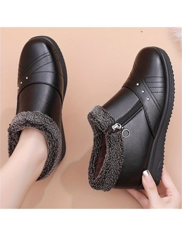 Women's Solid Color Fluffy Boots, Side Zipper Platform Warm Lined Soft Sole Boots, Winter Snow Non-slip Boots