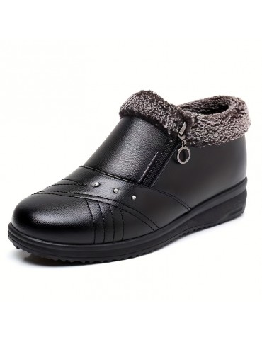 Women's Solid Color Fluffy Boots, Side Zipper Platform Warm Lined Soft Sole Boots, Winter Snow Non-slip Boots