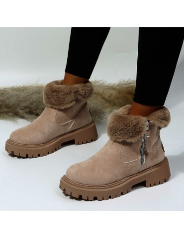Women's Solid Color Platform Short Boots, Casual Side Zipper Fur Lined Boots, Comfortable Winter Boots