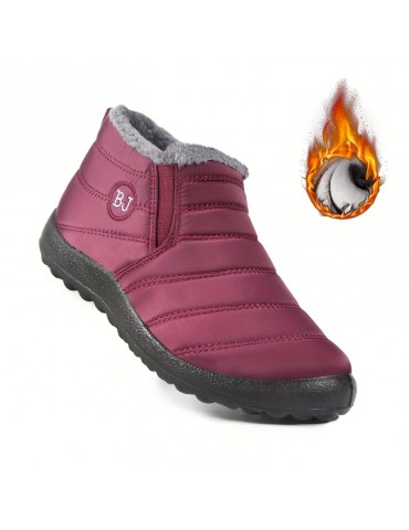 Women's Solid Color Flatform Boots, Slip On High-top Round Toe Non-slip Waterproof Velvet Warm Shoes, Plush Fluffy Shoes