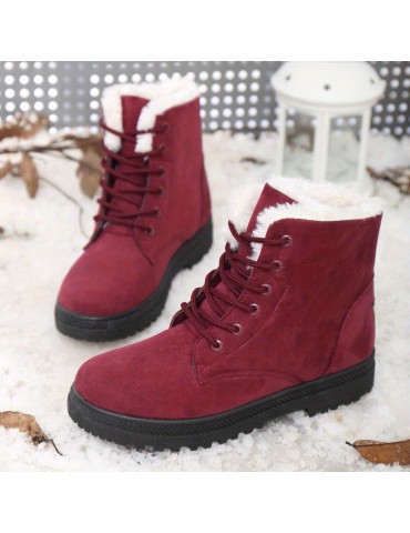 Women's Solid Color Platform Boots, Lace Up Velvet Warm Fluffy Non-slip Round Toe Outdoor Shoes, Winter Snow Boots