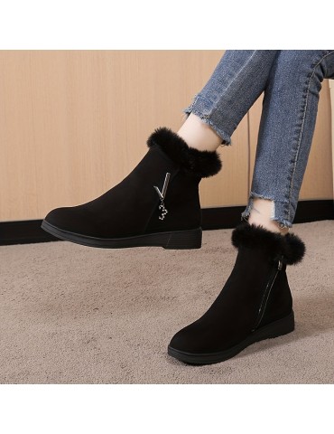 Women's Solid Color Fluffy Boots, Side Zipper Thermal Lined Platform Warm Shoes, Winter Plush Snow Ankle Shoes