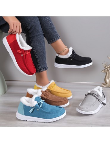 Women's Solid Color Boots, Slip On Round Toe Low-top Velvet Warm Fluffy Non-slip Soft Sole Shoes, Winter Comfy Shoes