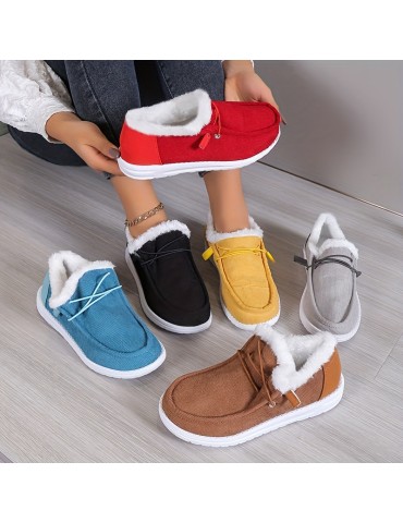 Women's Solid Color Boots, Slip On Round Toe Low-top Velvet Warm Fluffy Non-slip Soft Sole Shoes, Winter Comfy Shoes