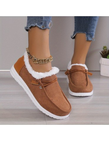 Women's Solid Color Boots, Slip On Round Toe Low-top Velvet Warm Fluffy Non-slip Soft Sole Shoes, Winter Comfy Shoes