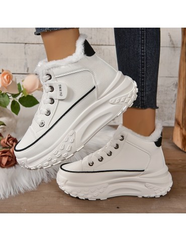 Women's Plush Lined Ankle Boots, Fashion Heightening Lace Up Platform Boots, Winter Warm Outdoor Short Boots