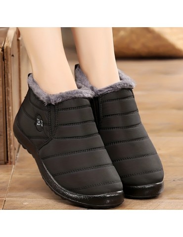 Women's Plush Lined Snow Boots, Waterproof Slip On Ankle Boots, Winter Thermal Outdoor Flat Boots