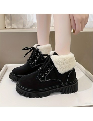 Women's Solid Color Fluffy Boots, Lace Up Sof Sole Platform Warm Lined Boots, Winter Plush Non-slip Snow Boots