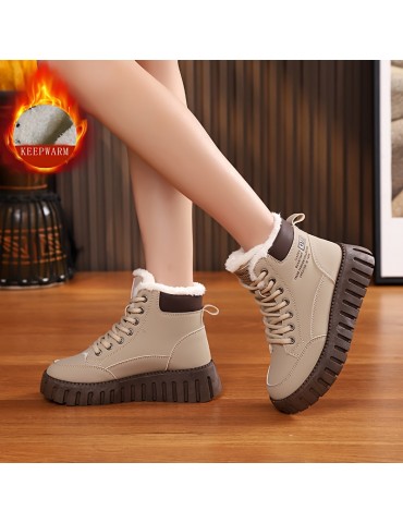 Women's Solid Color Fluffy Boots, Lace Up Soft Sole Platform Plush Lined Boots, Non-slip Winter Snow Boots