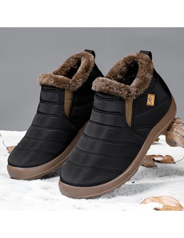 Women's Waterproof Snow Boots, Solid Color Plush Lined Slip On Ankle Boots, Winter Warm Outdoor Flat Boots