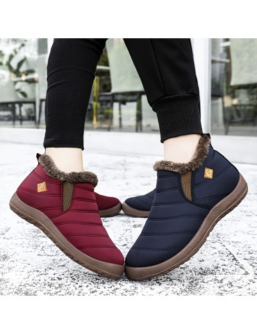 Women's Waterproof Snow Boots, Solid Color Plush Lined Slip On Ankle Boots, Winter Warm Outdoor Flat Boots