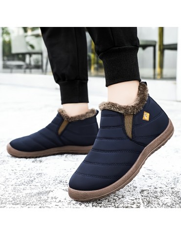 Women's Waterproof Snow Boots, Solid Color Plush Lined Slip On Ankle Boots, Winter Warm Outdoor Flat Boots