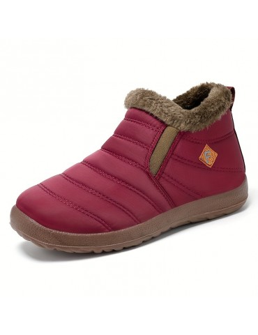 Women's Waterproof Snow Boots, Solid Color Plush Lined Slip On Ankle Boots, Winter Warm Outdoor Flat Boots