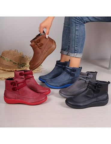 Women's Retro Ankle Boots, Solid Color Slip On Faux Leather Flat Boots, Women's Footwear