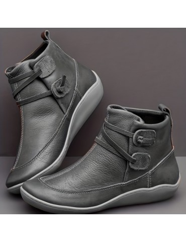 Women's Retro Ankle Boots, Solid Color Slip On Faux Leather Flat Boots, Women's Footwear
