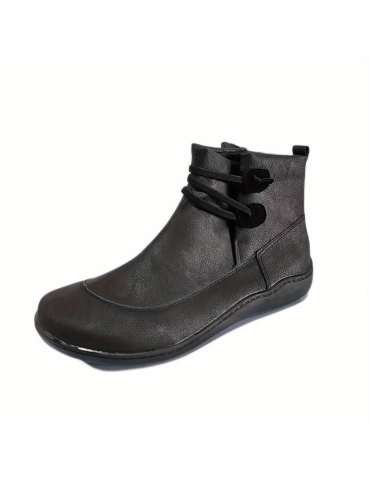Women's Retro Ankle Boots, Solid Color Slip On Faux Leather Flat Boots, Women's Footwear