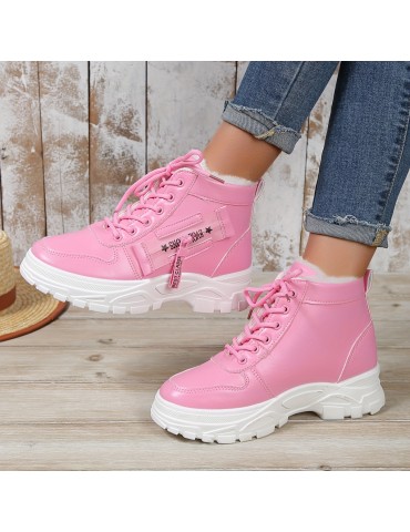 Women's Platform Short Boots, Casual Lace Up Plush Lined Winter Boots, Comfortable Side Zipper Ankle Boots