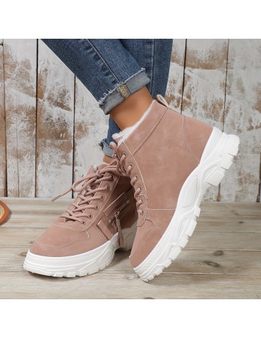 Women's Platform Short Boots, Casual Lace Up Plush Lined Winter Boots, Comfortable Side Zipper Ankle Boots