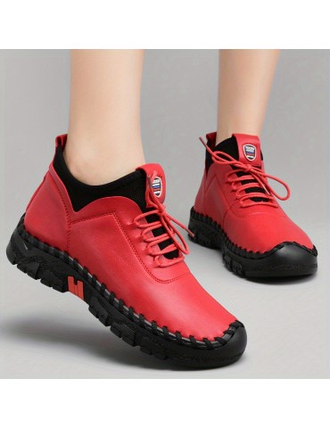 Women's Flat High Top Boots, Comfy Solid Color Lace Up Ankle Boots, Casual Non Slip Shoes