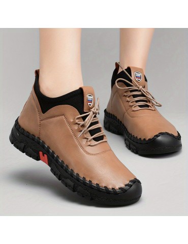 Women's Flat High Top Boots, Comfy Solid Color Lace Up Ankle Boots, Casual Non Slip Shoes