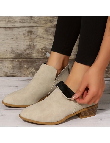 Women's Chunky Heeled Ankle Boots, Pointed Toe Zipper Stacked Heeled Shoes, Retro Short Boots