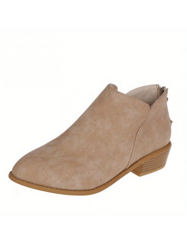 Women's Chunky Heeled Ankle Boots, Pointed Toe Zipper Stacked Heeled Shoes, Retro Short Boots