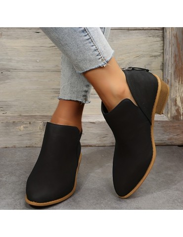 Women's Chunky Heeled Ankle Boots, Pointed Toe Zipper Stacked Heeled Shoes, Retro Short Boots