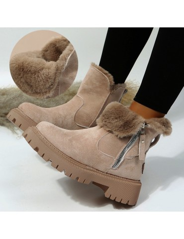 Women's Plush Lined Snow Boots, Side Zipper Solid Color Suedette Short Boots, Winter Warm Outdoor Boots