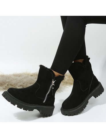 Women's Plush Lined Snow Boots, Side Zipper Solid Color Suedette Short Boots, Winter Warm Outdoor Boots
