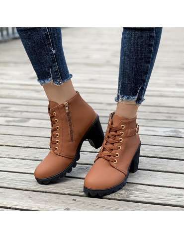Women's Chunky Heeled Ankle Boots, Solid Color Side Zipper Boots, Beer Festival Dress Shoes