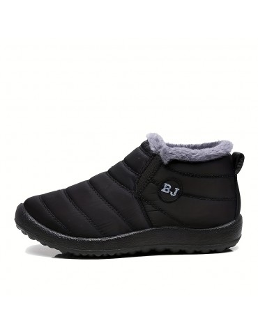 Women's Solid Color Snow Boots, Casual Slip On Plush Lined Short Boots, Comfortable Ankle Booties
