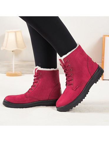 Women's Round Toe Lace Up Boots, Warm Faux Fur Lined Ankle Boots, Women's Footwear