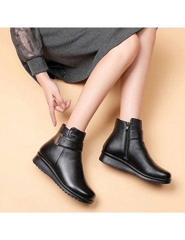 Women's Winter Plush Lined Ankle Boots, Buckle Detail Side Zipper Warm Boots, Thermal Outdoor Short Boots