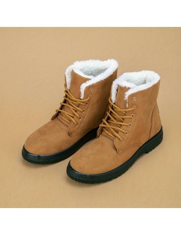 Women's Warm Snow Boots, Casual Solid Color Lace Up Plush Lined Ankle Boots, Fuzzy & Comfortable Outdoor Shoes