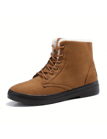 Women's Suedette Pattern Flatform Boots, Lace Up Thick Bottom Velvet Warm Non-slip Snow Boots, Wear-resistant Comfy Shoes