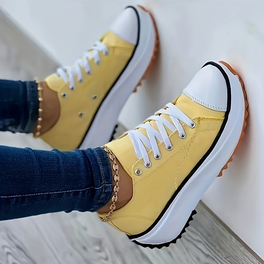 womens solid color trendy sneakers lace up soft sole platform casual walking shoes versatile low top canvas shoes details 4