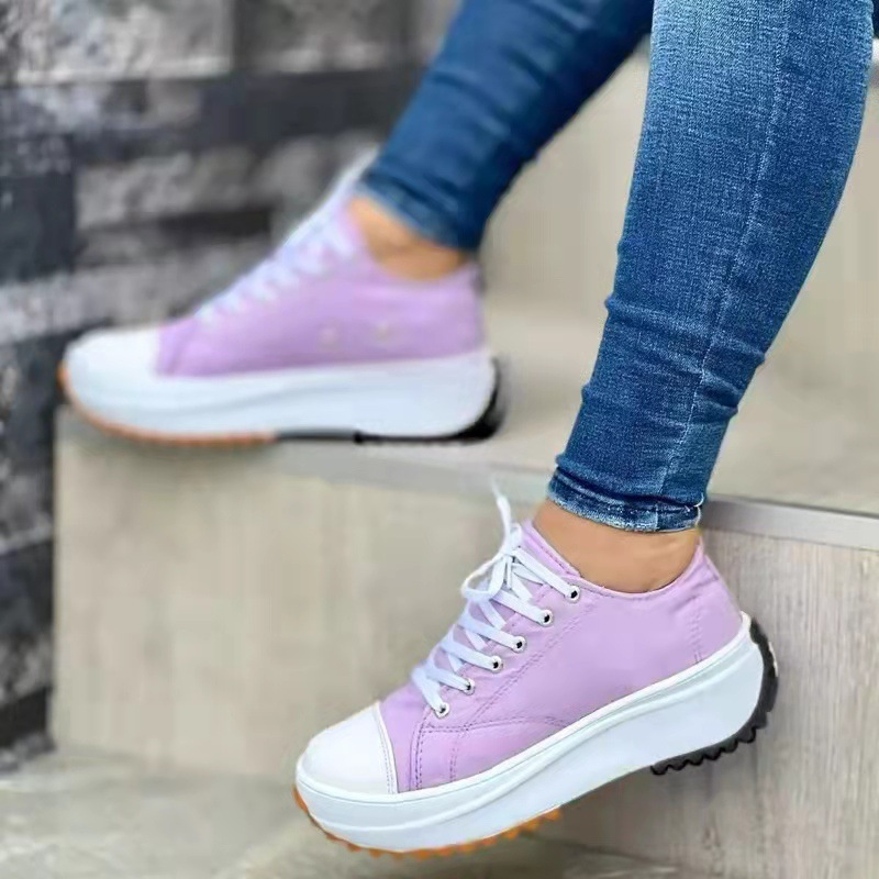 womens platform canvas sneakers solid color lace up low top trainers casualall match walking shoes details 10