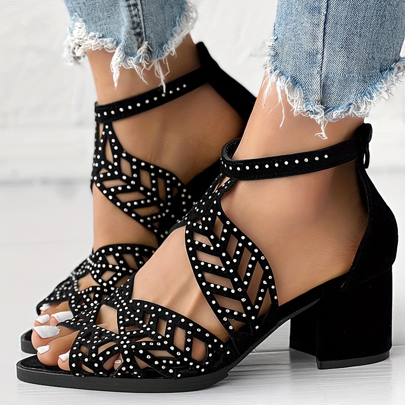 womens boho hollow out block heels peep toe back zipper low heel sandals fashion dress heels details 2