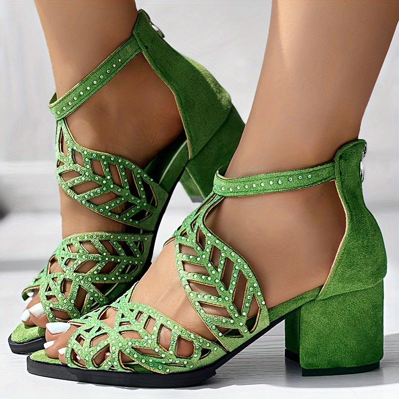 womens boho hollow out block heels peep toe back zipper low heel sandals fashion dress heels details 8