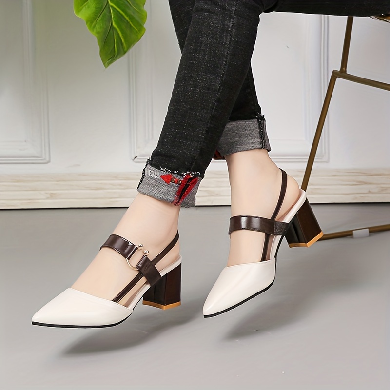 womens chunky heeled sandals two tone pointed toe slip on mid heels all match slingback sandals details 2