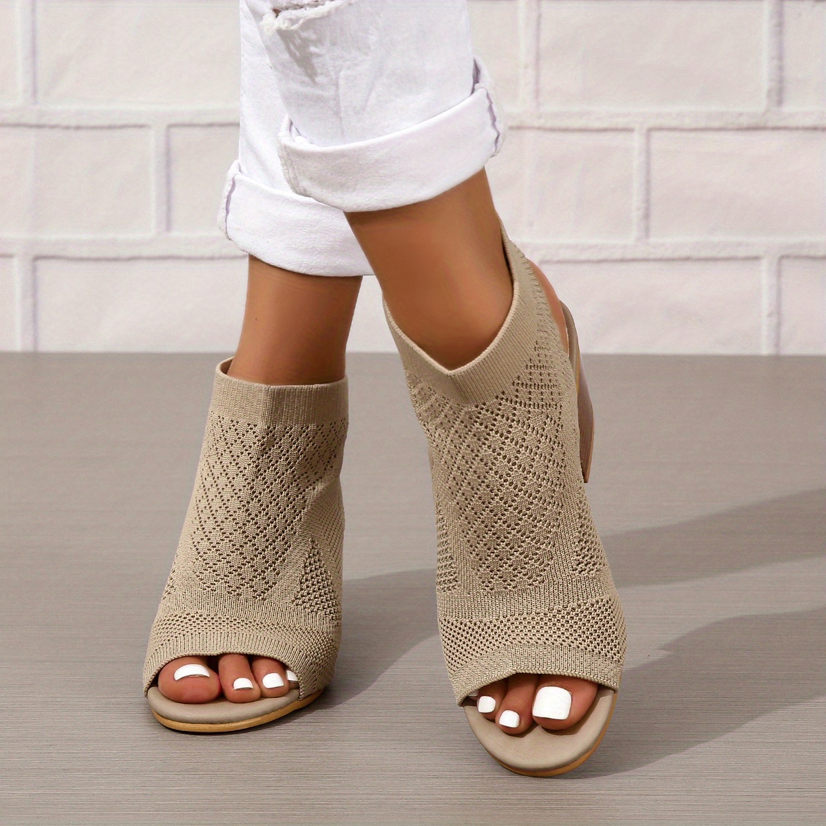 womens chunky heeled sandals knitting peep toe slip on slingback low heels fashion fabric sandals details 0