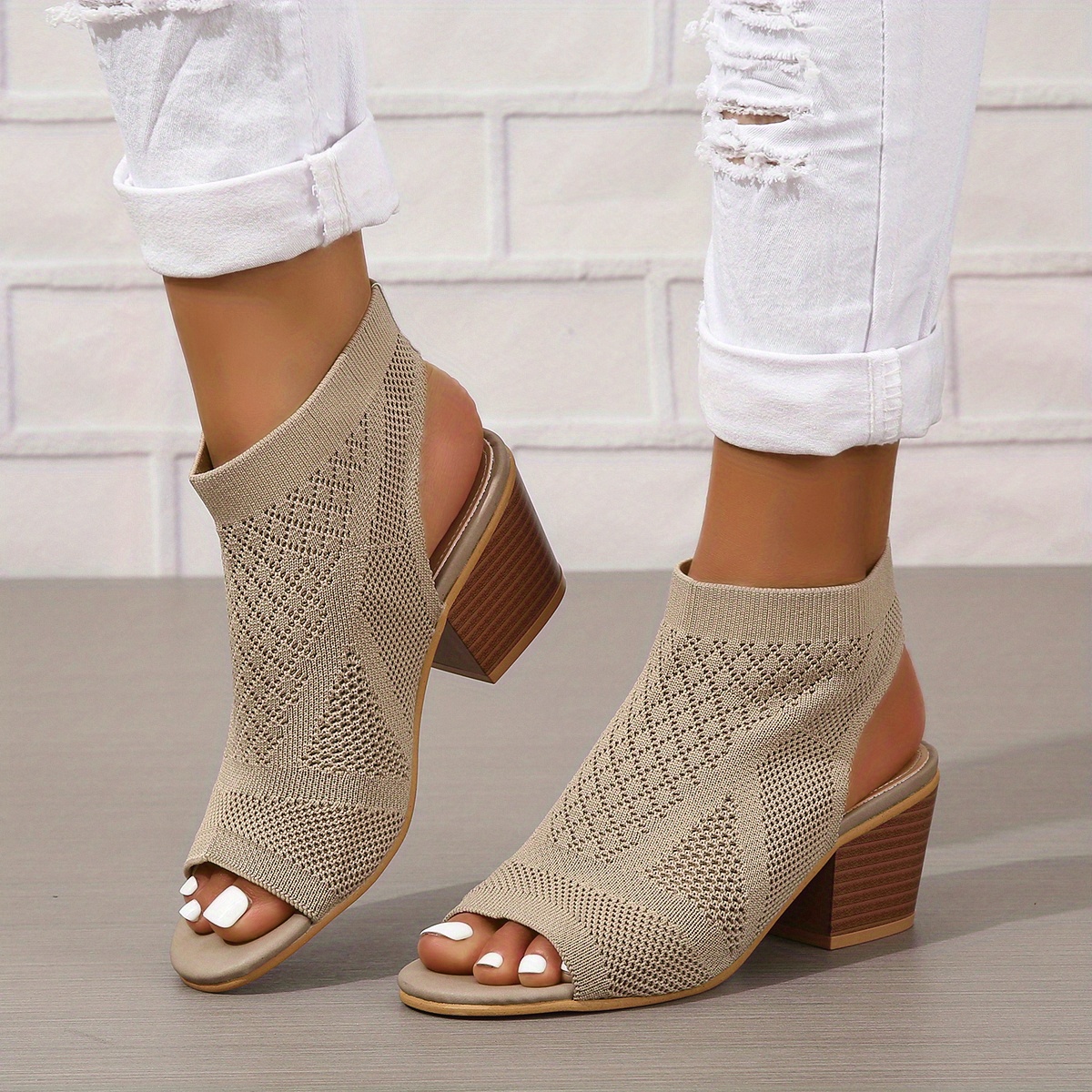 womens chunky heeled sandals knitting peep toe slip on slingback low heels fashion fabric sandals details 1