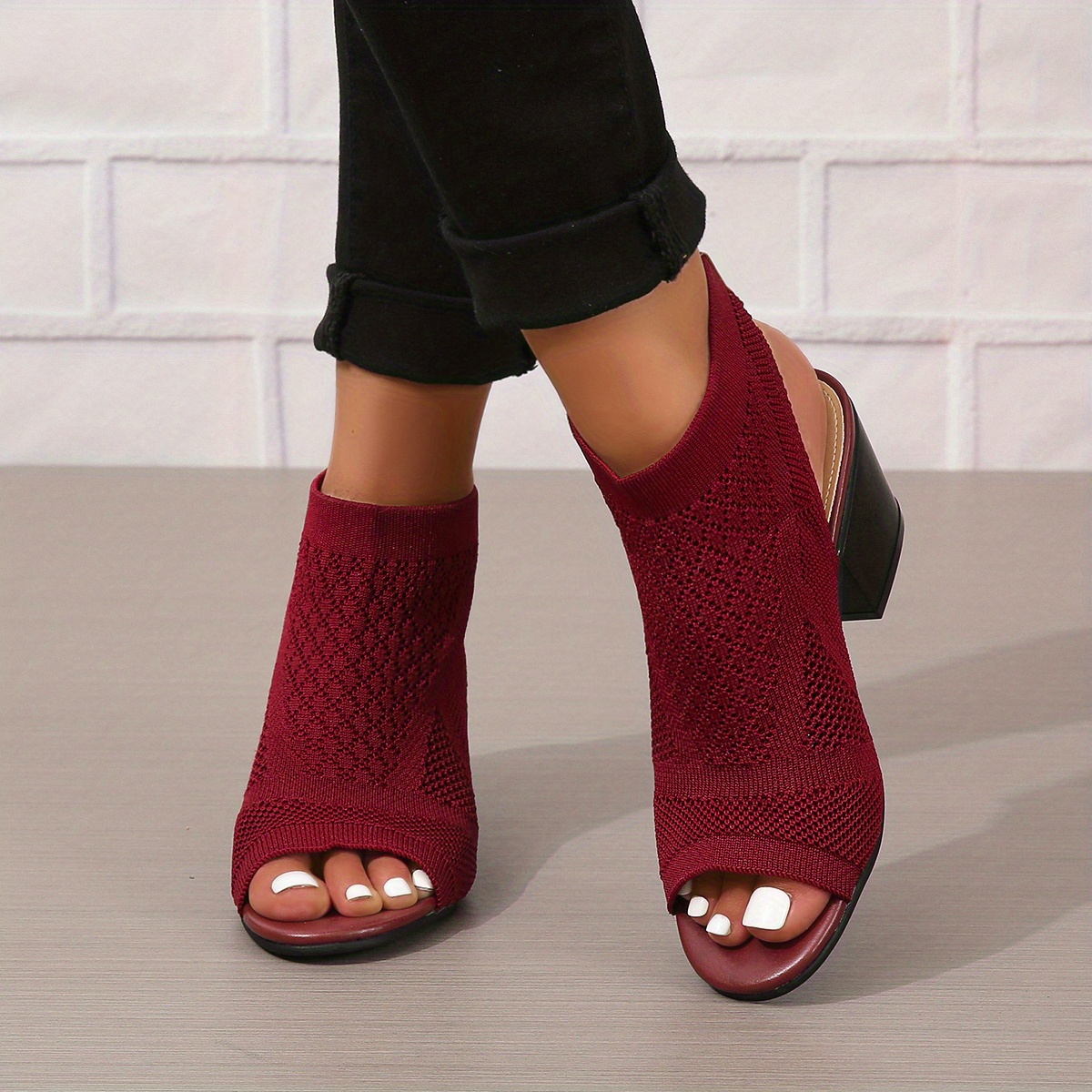 womens chunky heeled sandals knitting peep toe slip on slingback low heels fashion fabric sandals details 2