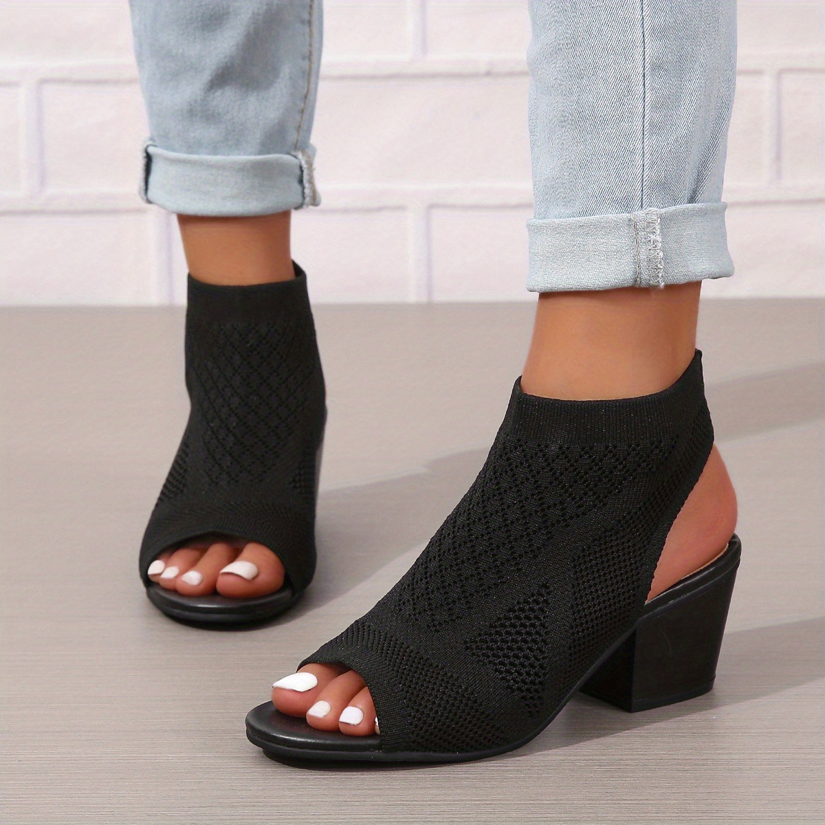 womens chunky heeled sandals knitting peep toe slip on slingback low heels fashion fabric sandals details 7