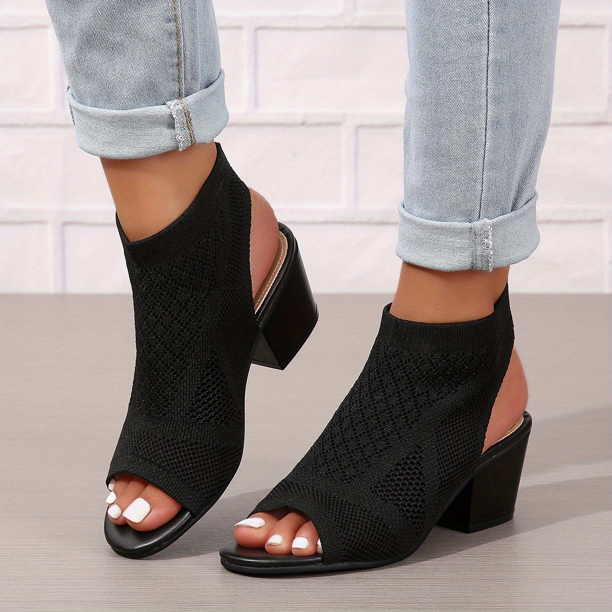womens chunky heeled sandals knitting peep toe slip on slingback low heels fashion fabric sandals details 8