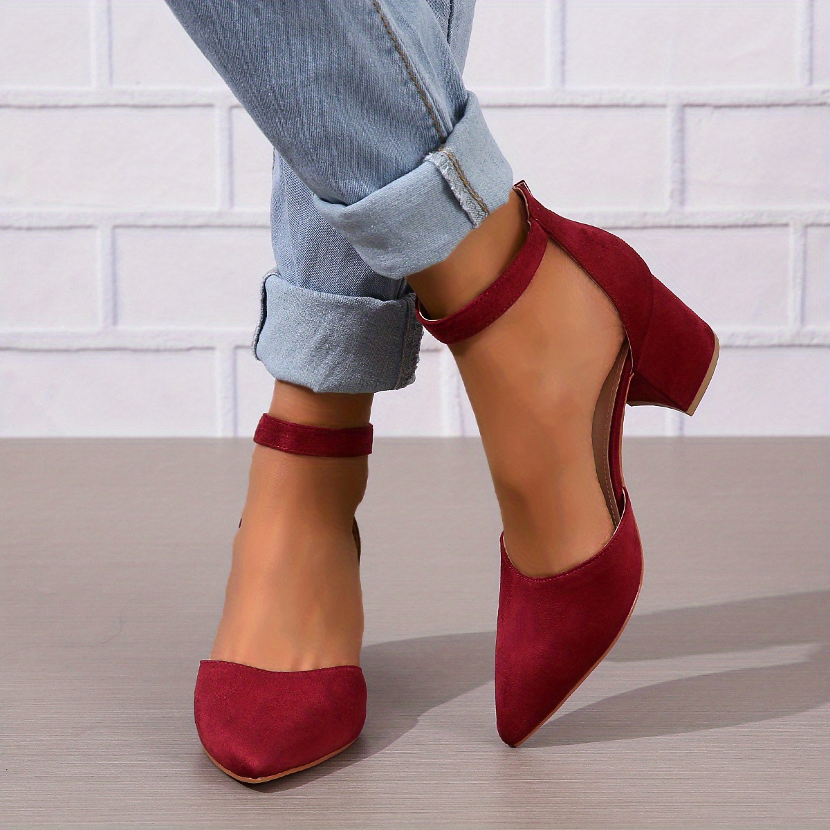 womens dorsay chunky mid heels solid color pointed toe ankle strap sandals versatile fashion sandals details 0