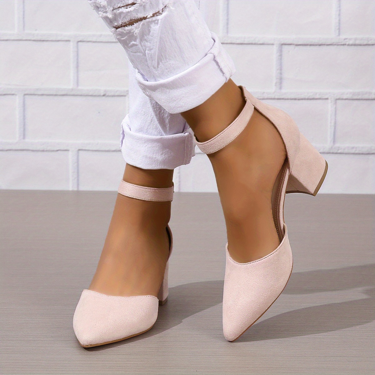 womens dorsay chunky mid heels solid color pointed toe ankle strap sandals versatile fashion sandals details 3