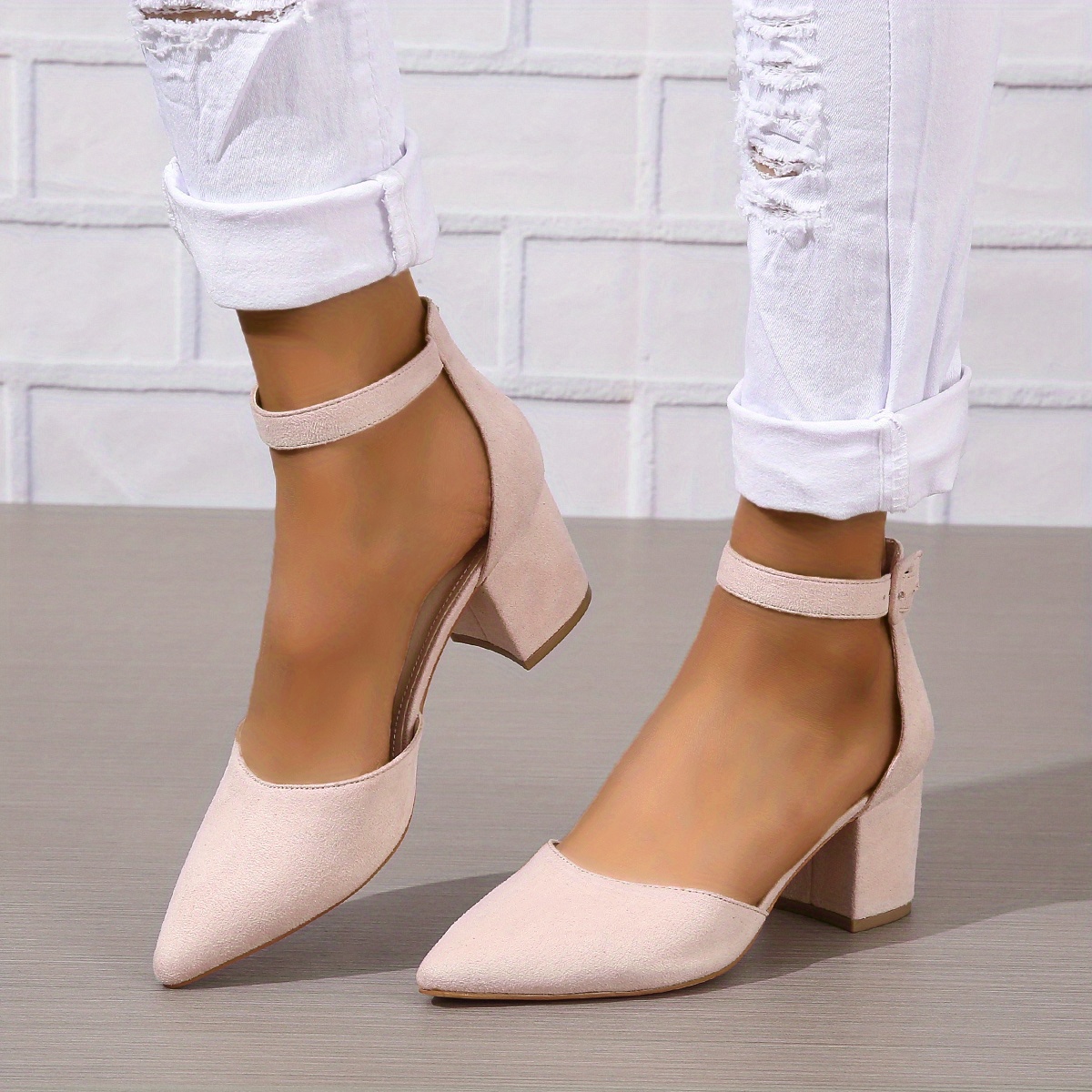 womens dorsay chunky mid heels solid color pointed toe ankle strap sandals versatile fashion sandals details 4