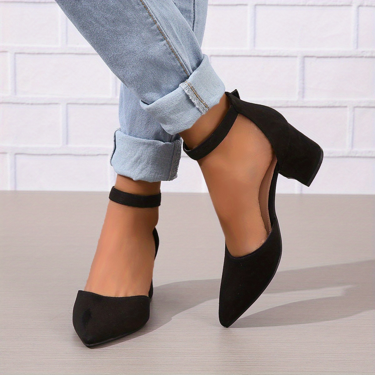 womens dorsay chunky mid heels solid color pointed toe ankle strap sandals versatile fashion sandals details 9