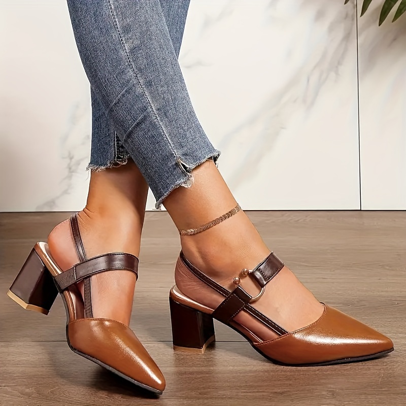 womens trendy chunky heel sandals elegant point toe dress pumps fashion slingback heels details 0